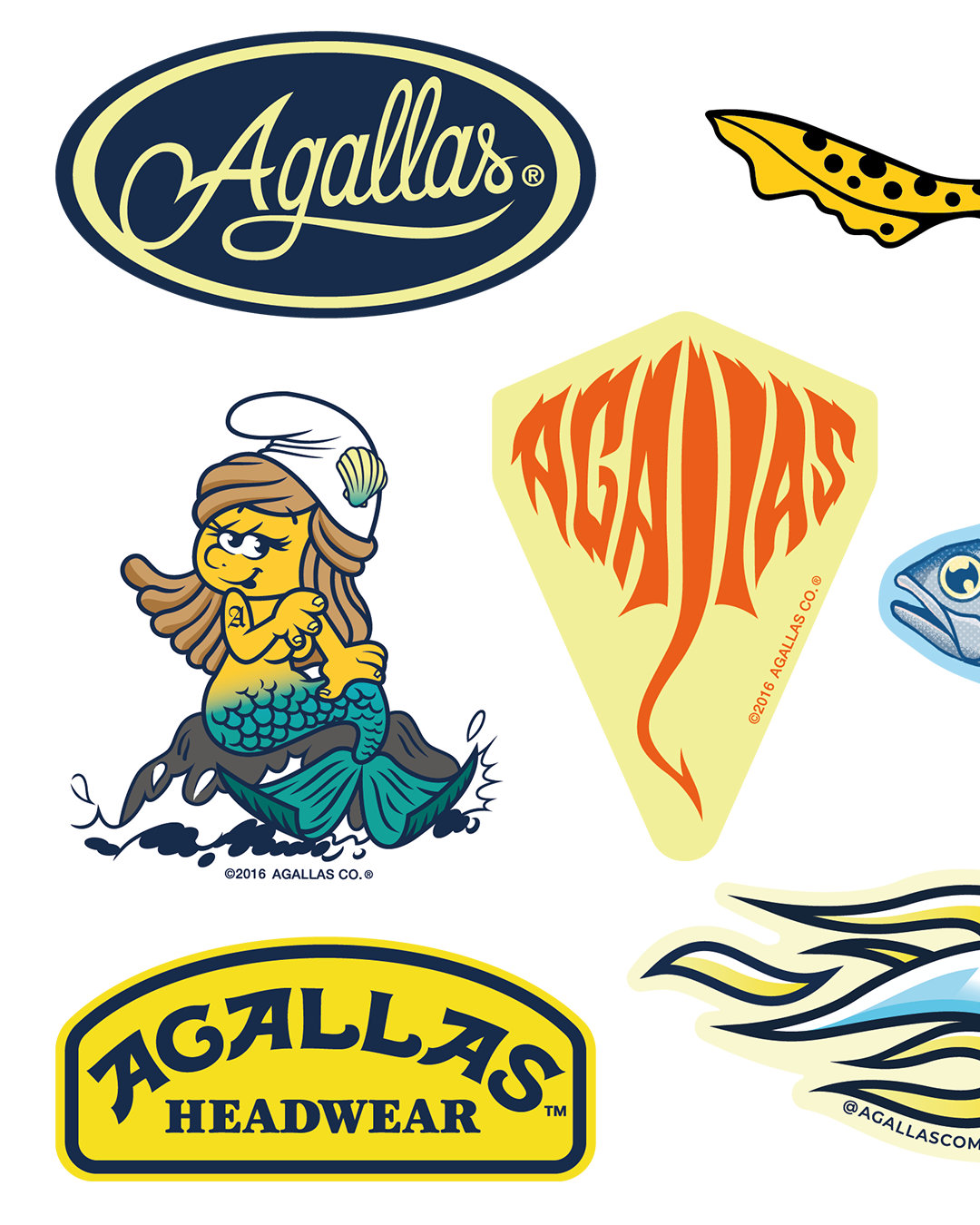 Stickers Agallas: logo Agallas, pintarroja, sirena, raya y Agallas Headwear