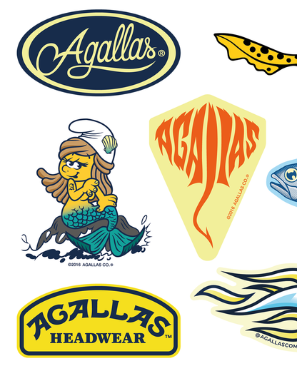 Stickers Agallas: logo Agallas, pintarroja, sirena, raya y Agallas Headwear