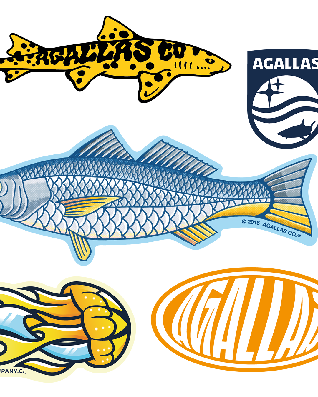 Stickers Agallas: marinero con pipa, calavera, pez y logo Agallas